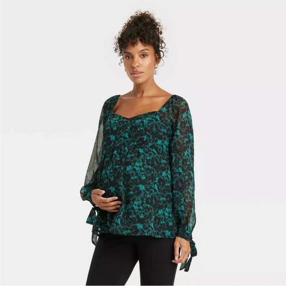 Isabel Maternity by Ingrid & Isabel Tops - HP🥳Isabel Maternity Floral Green Black Sheer Long Sleeve Maternity Top | NWT!🐠
